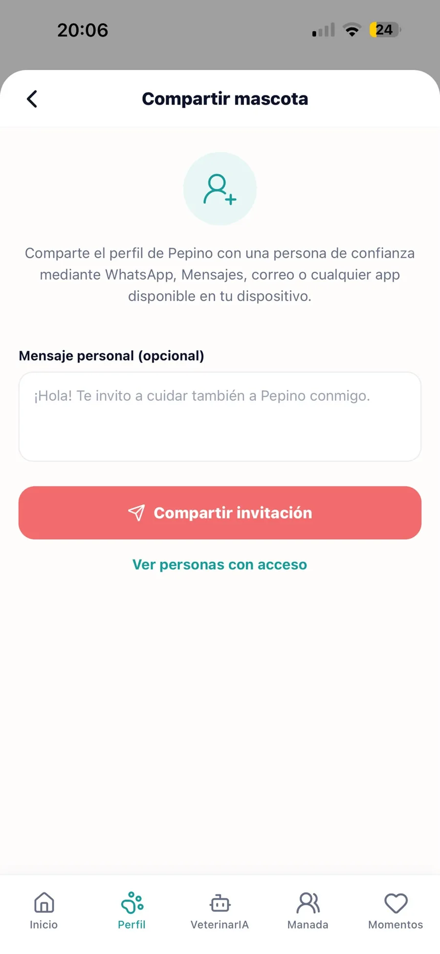 Pantalla para compartir el perfil de la mascota con una persona de confianza en manada