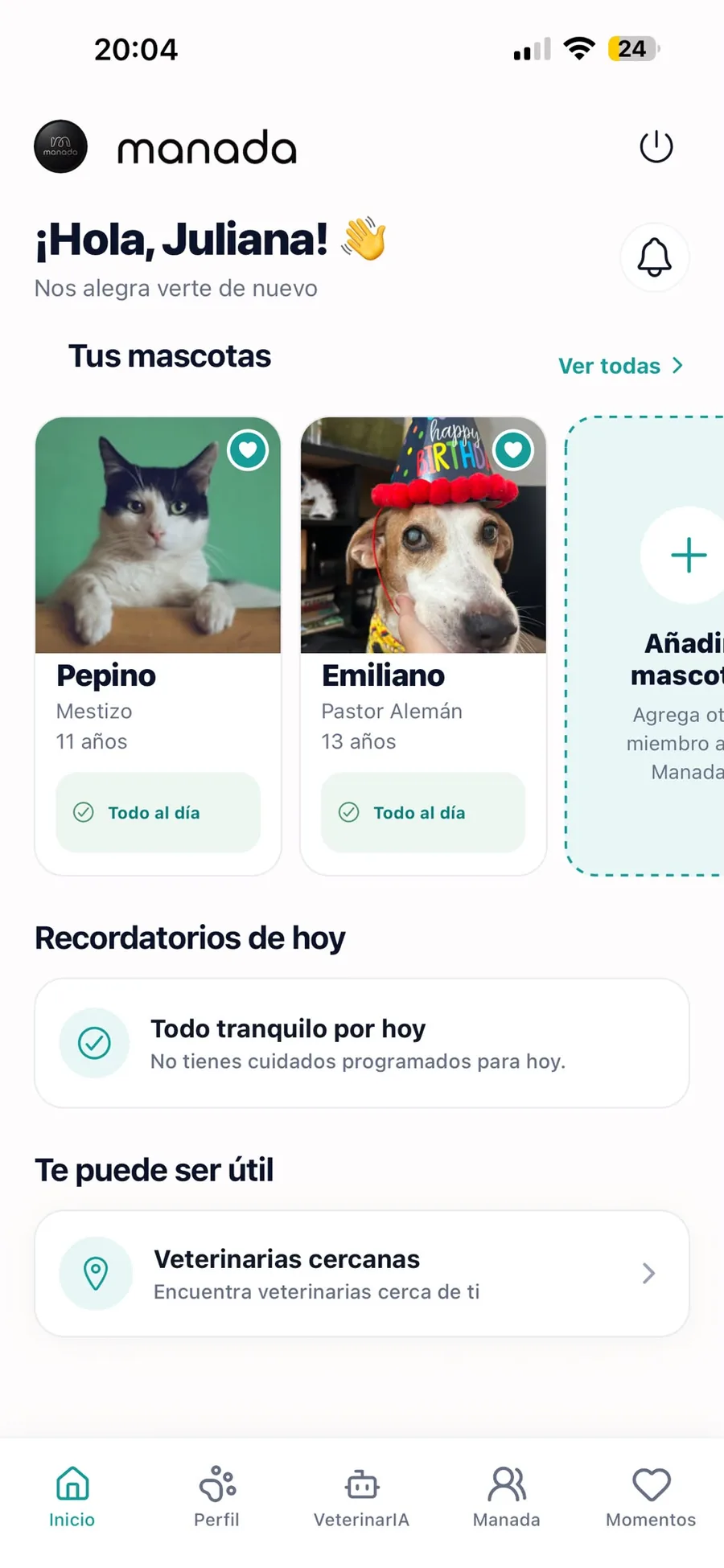 Pantalla de inicio de manada mostrando las mascotas registradas y recordatorios del día