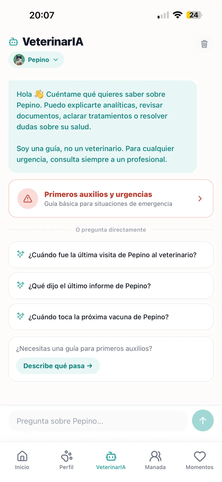 Conversación con VeterinarIA, el asistente de cuidado con inteligencia artificial de manada