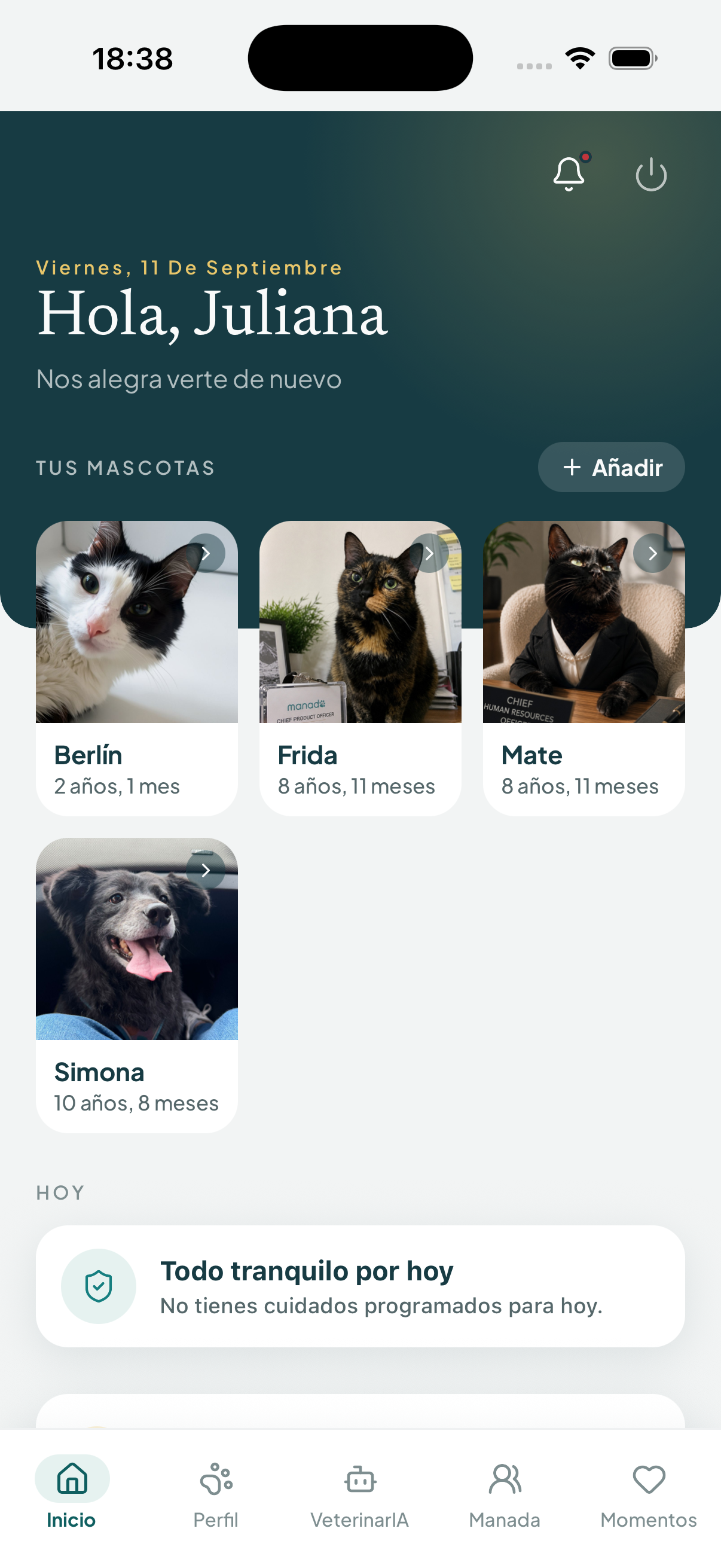 Pantalla de inicio de manada con las mascotas de la persona y sus recordatorios del día