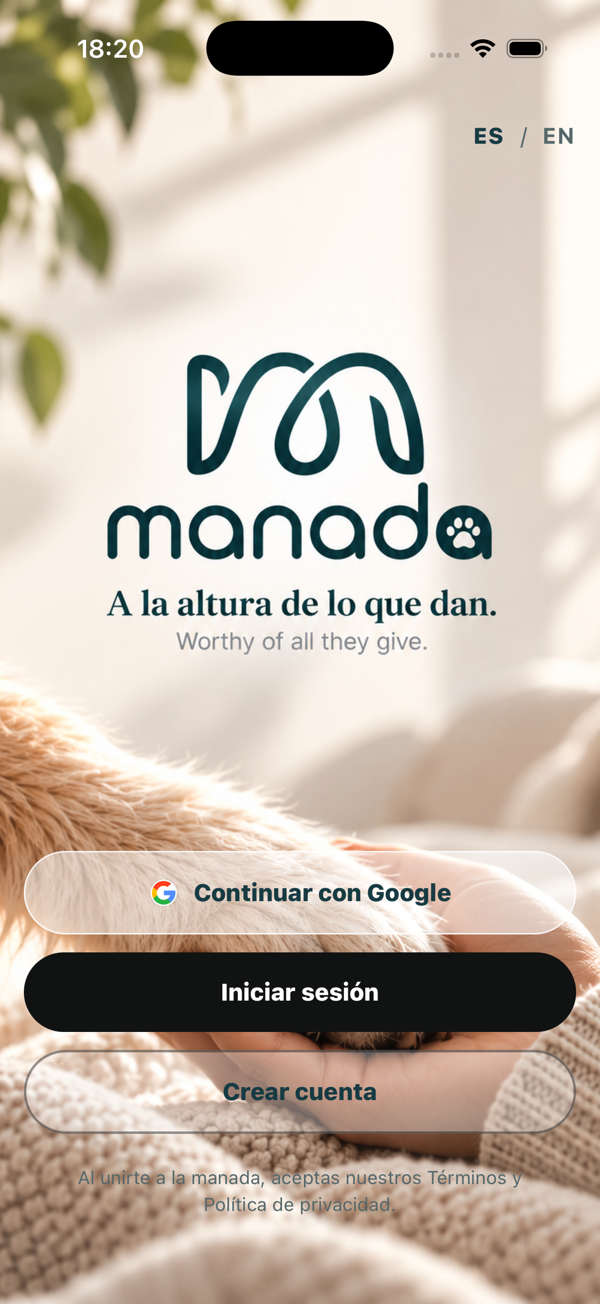 Pantalla de entrada a manada con el logotipo y el lema A la altura de lo que dan