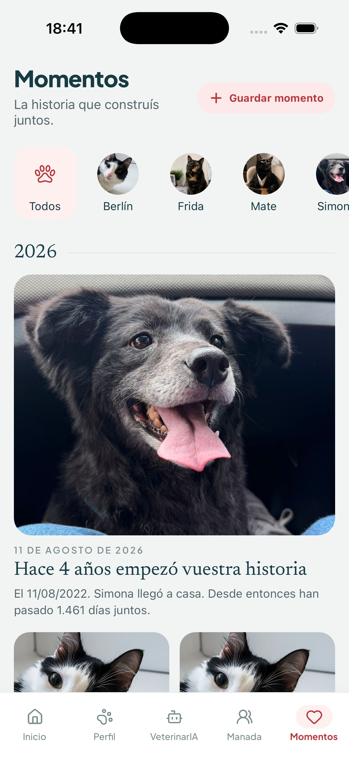 Momentos de manada ordenados por año, con fotos y notas de cada recuerdo