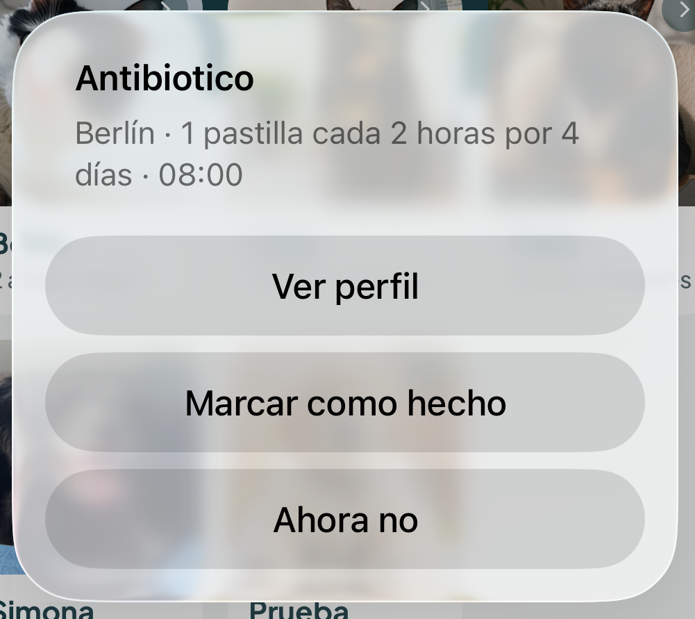 Recordatorio de manada: el antibiótico de Berlín a las 08:00, con las opciones de ver su perfil, marcarlo como hecho o posponerlo