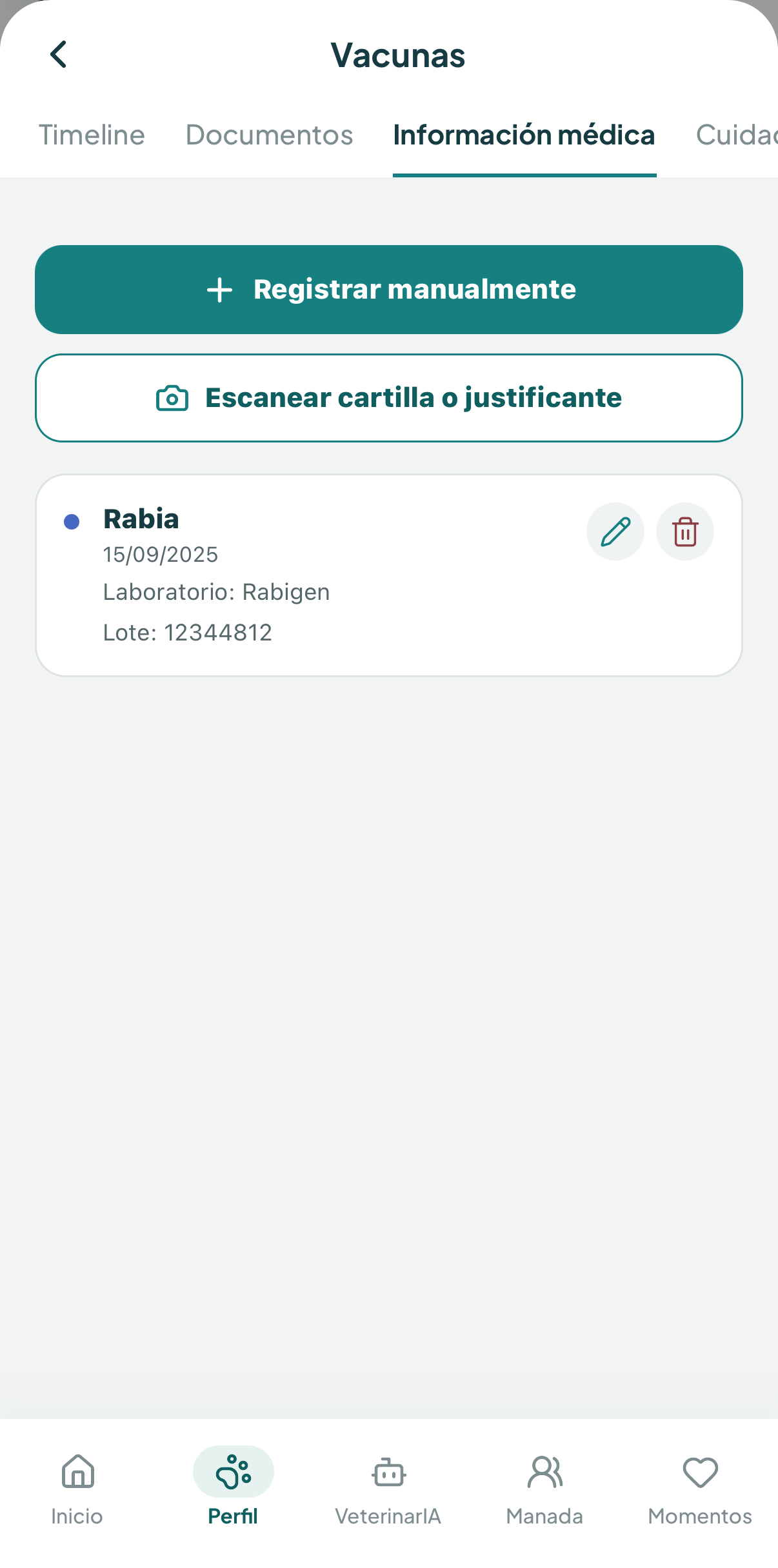 Registro de vacunas en manada con laboratorio, lote y fecha de cada dosis